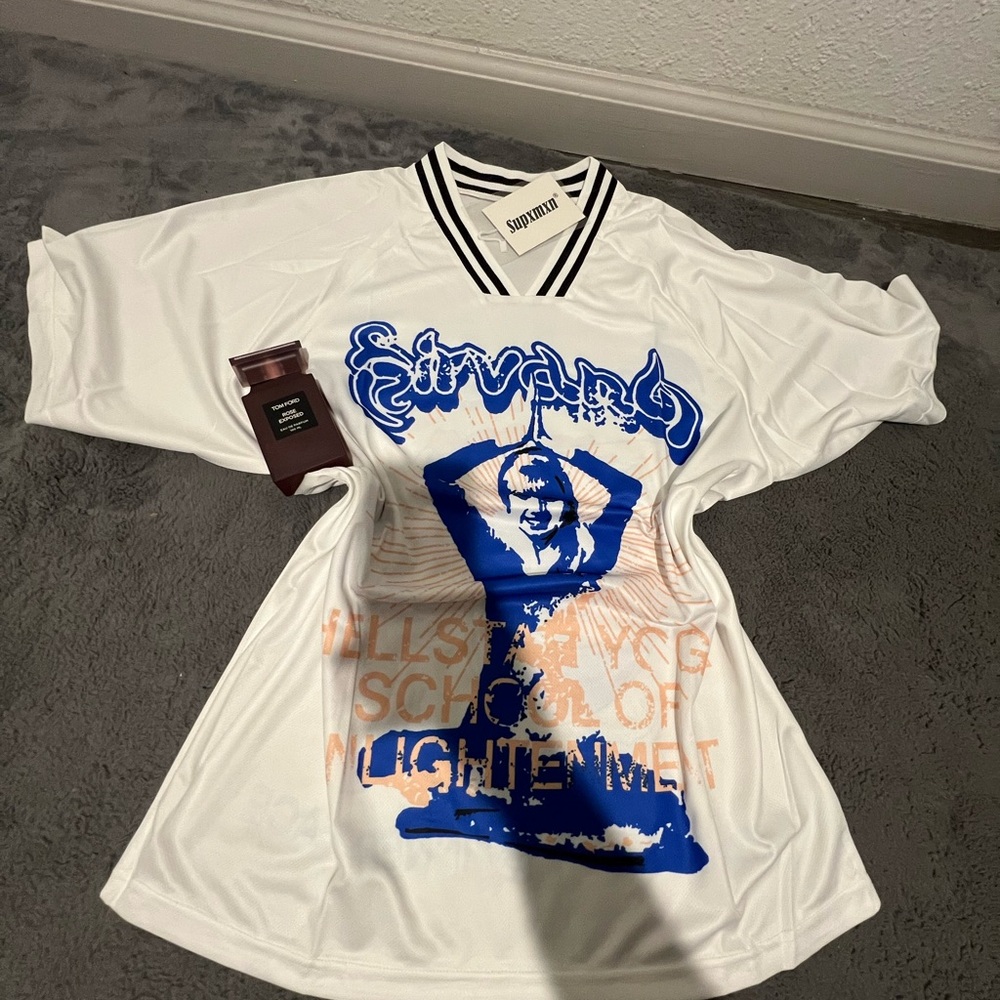 White and Blue Graphic Jersey Top